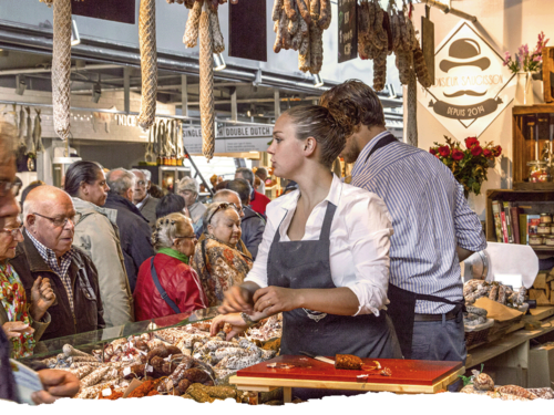 werken bij monsieur saucisson, werken op de markt, ambulante handel